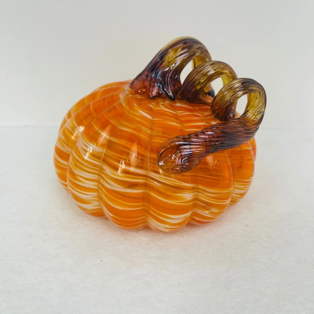 Hand Blown Glass Pumpkin Orange White Swirl Amber Curly Stem Fall Decor 5x4